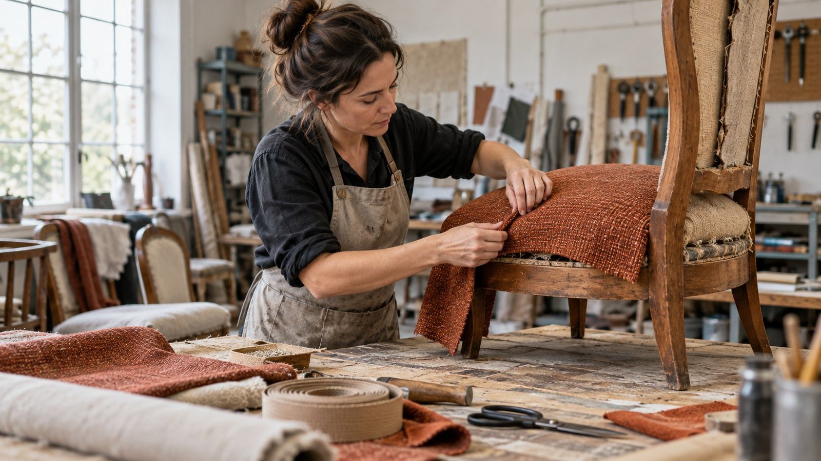 Une tapissière ajuste un tissu sur une chaise dans son atelier