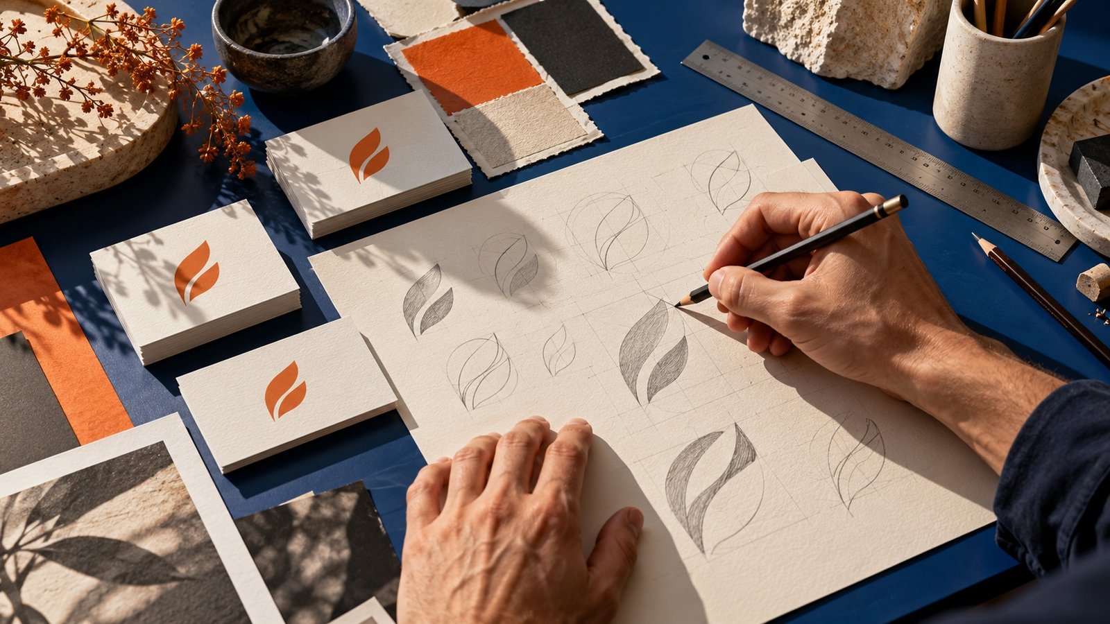 Esquisses d’un logo, couleurs et cartes sur une table de création graphique