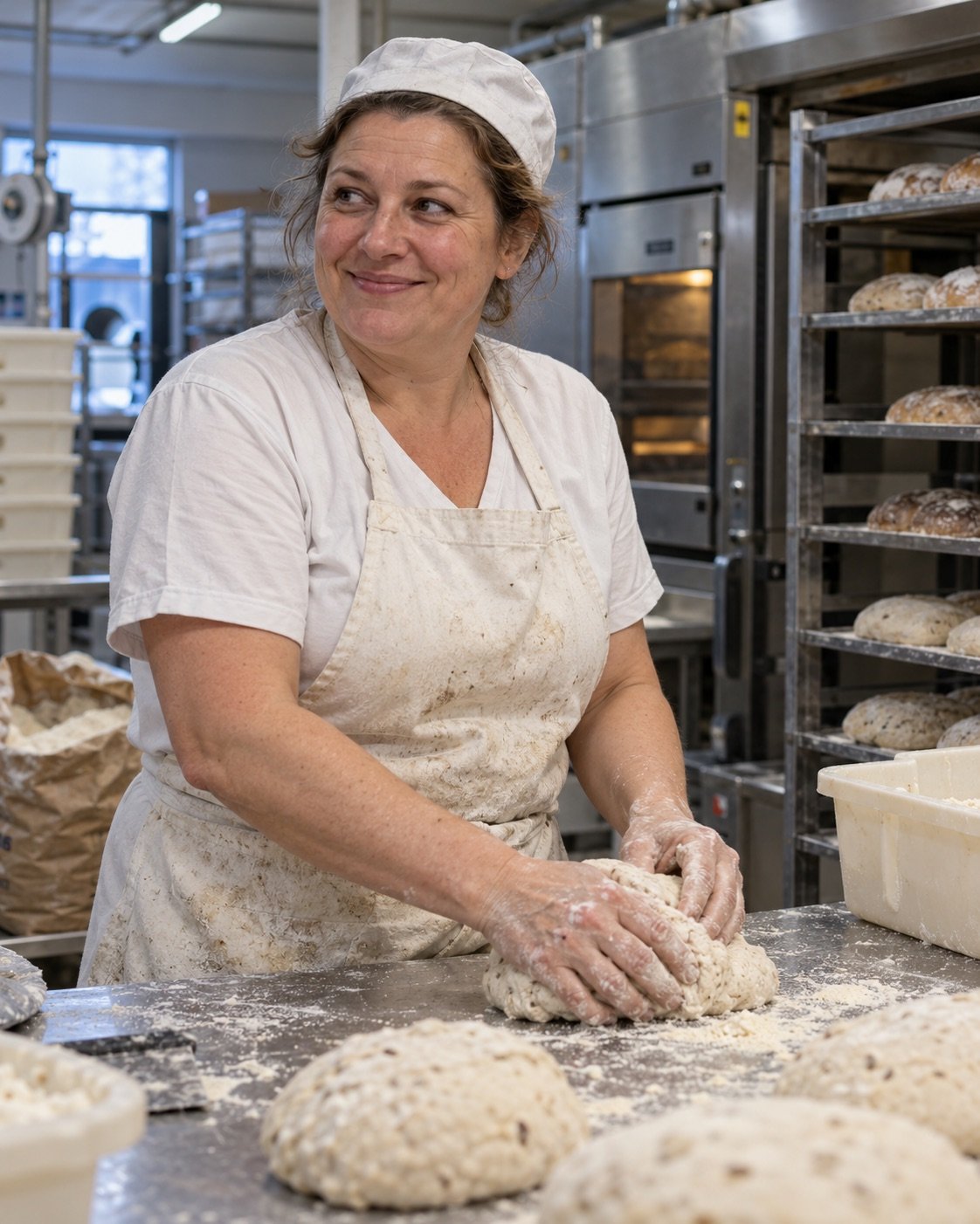 Une boulangère façonne la pâte sur un plan de travail dans son fournil