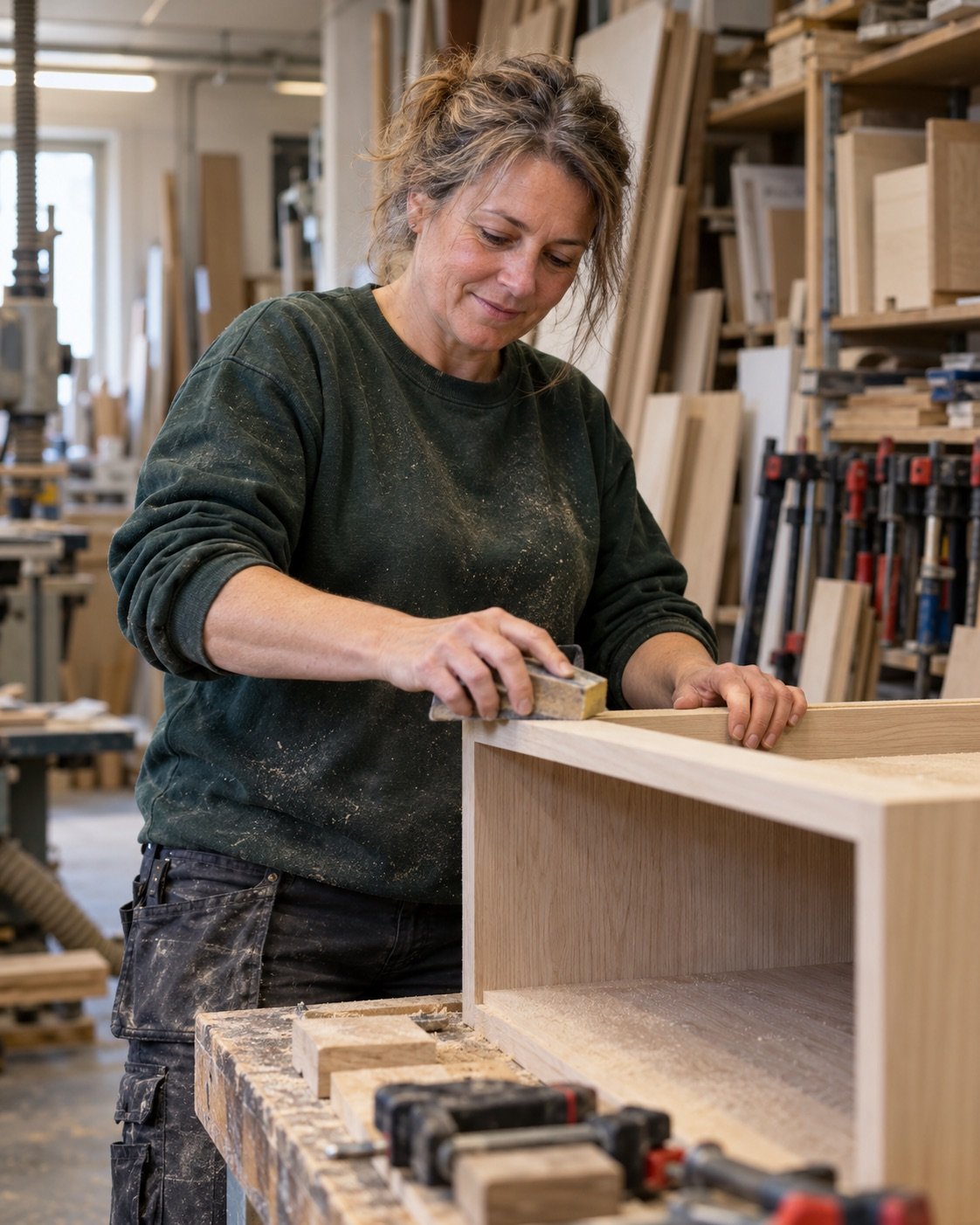 Une menuisière ponce un meuble parmi les outils et les copeaux de son atelier