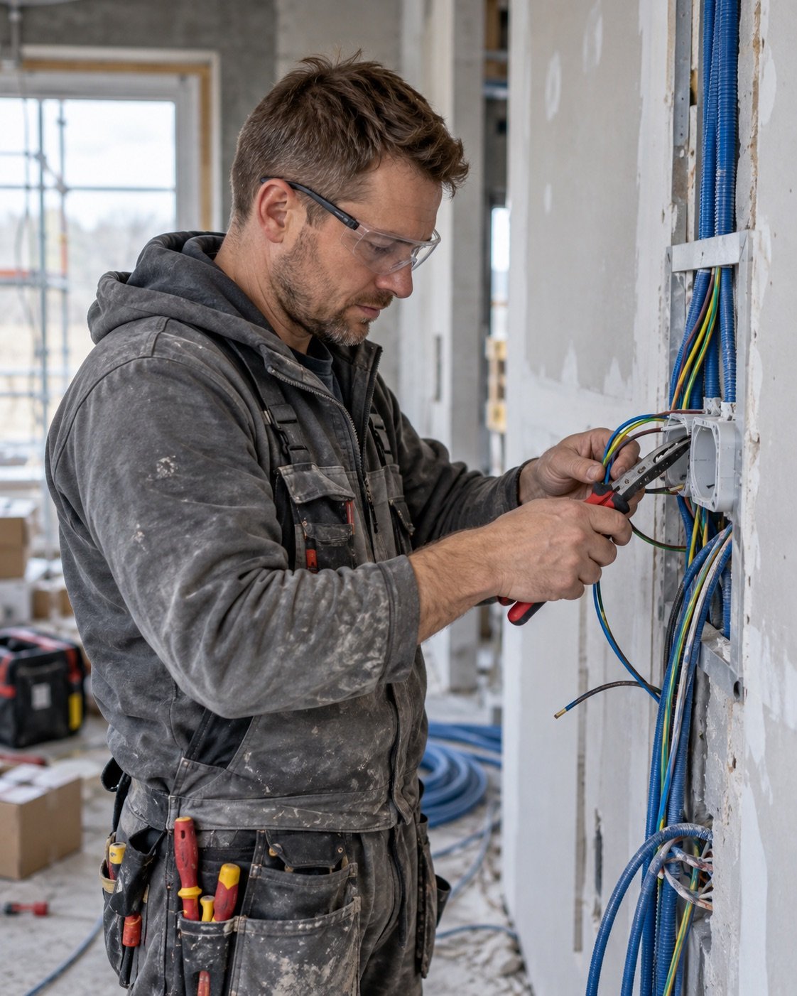 Un électricien travaille sur un boîtier dans un chantier poussiéreux