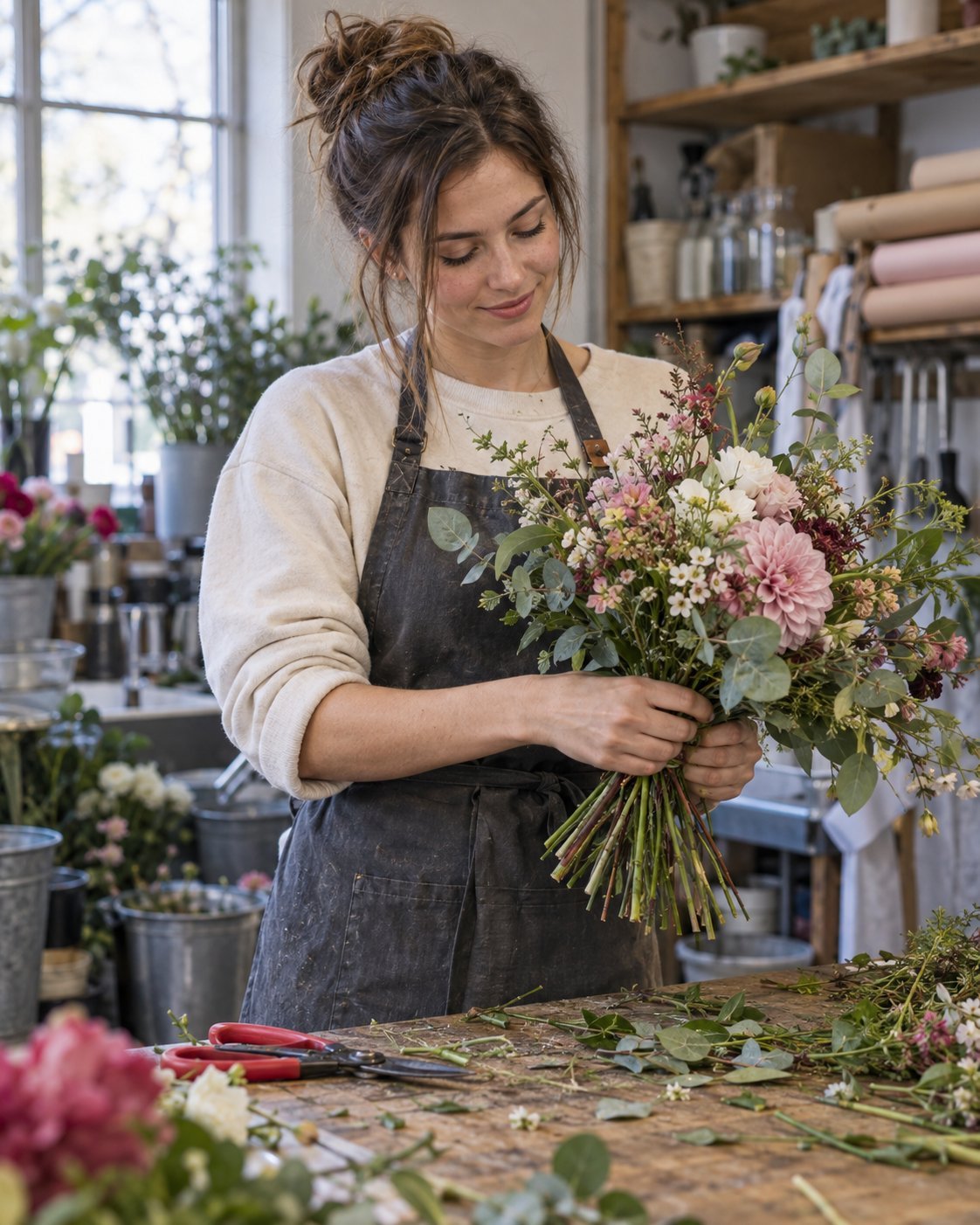 Une jeune fleuriste souriante prépare un bouquet sur son établi de travail
