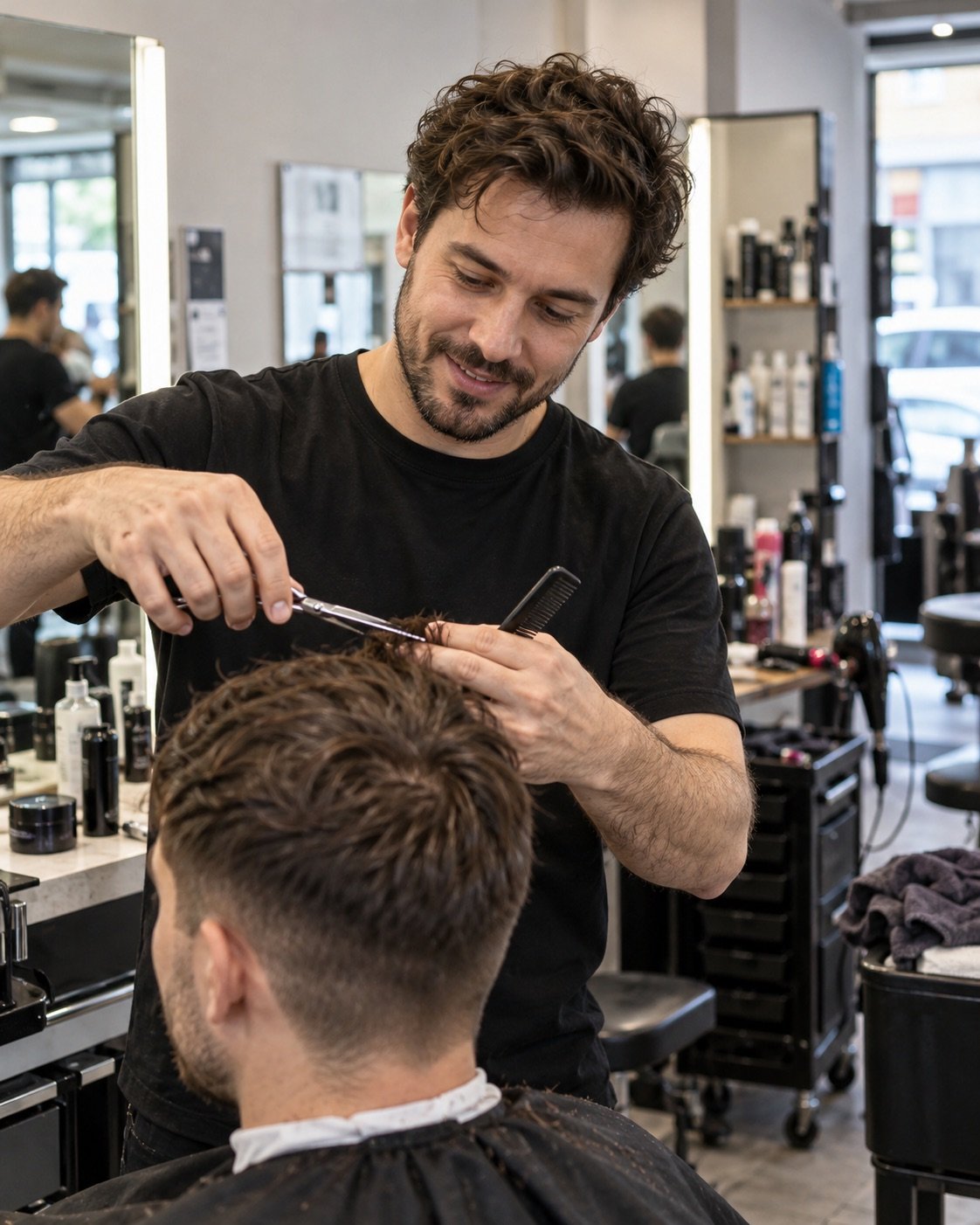 Un coiffeur coupe les cheveux d’un client dans un salon de quartier