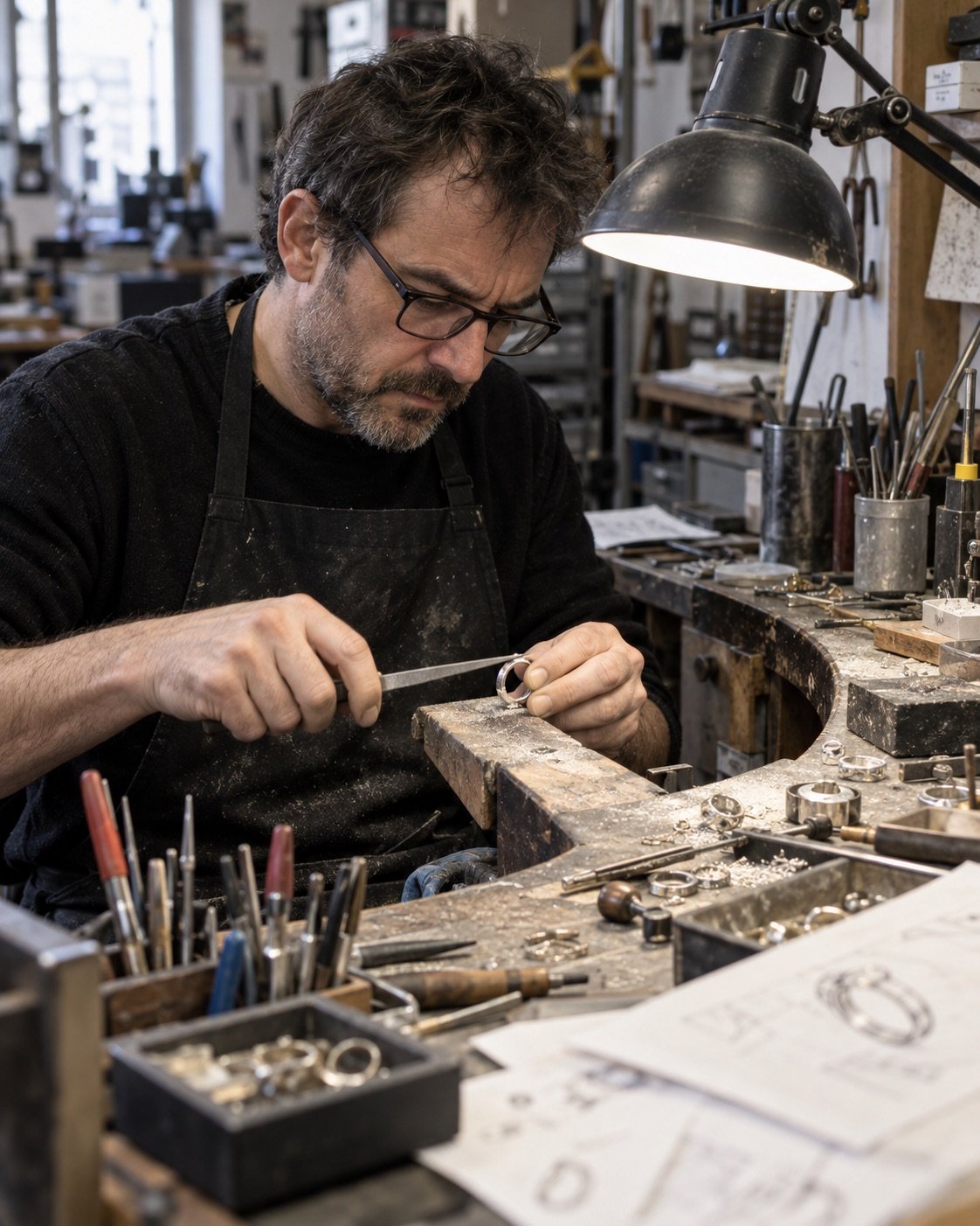 Un bijoutier lime une bague sur un établi de travail usé