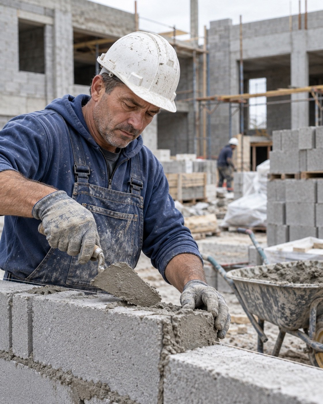 Un maçon pose du mortier entre des blocs de béton sur un chantier