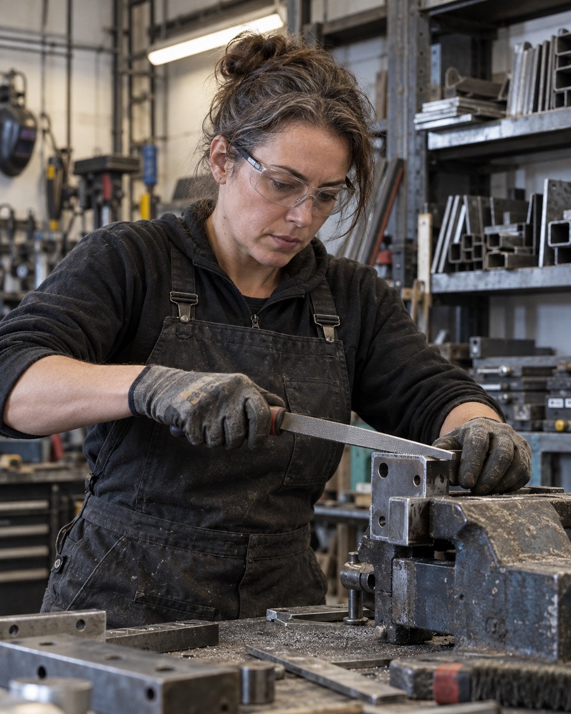 Une métallière travaille une pièce en acier à l’étau dans un atelier encombré
