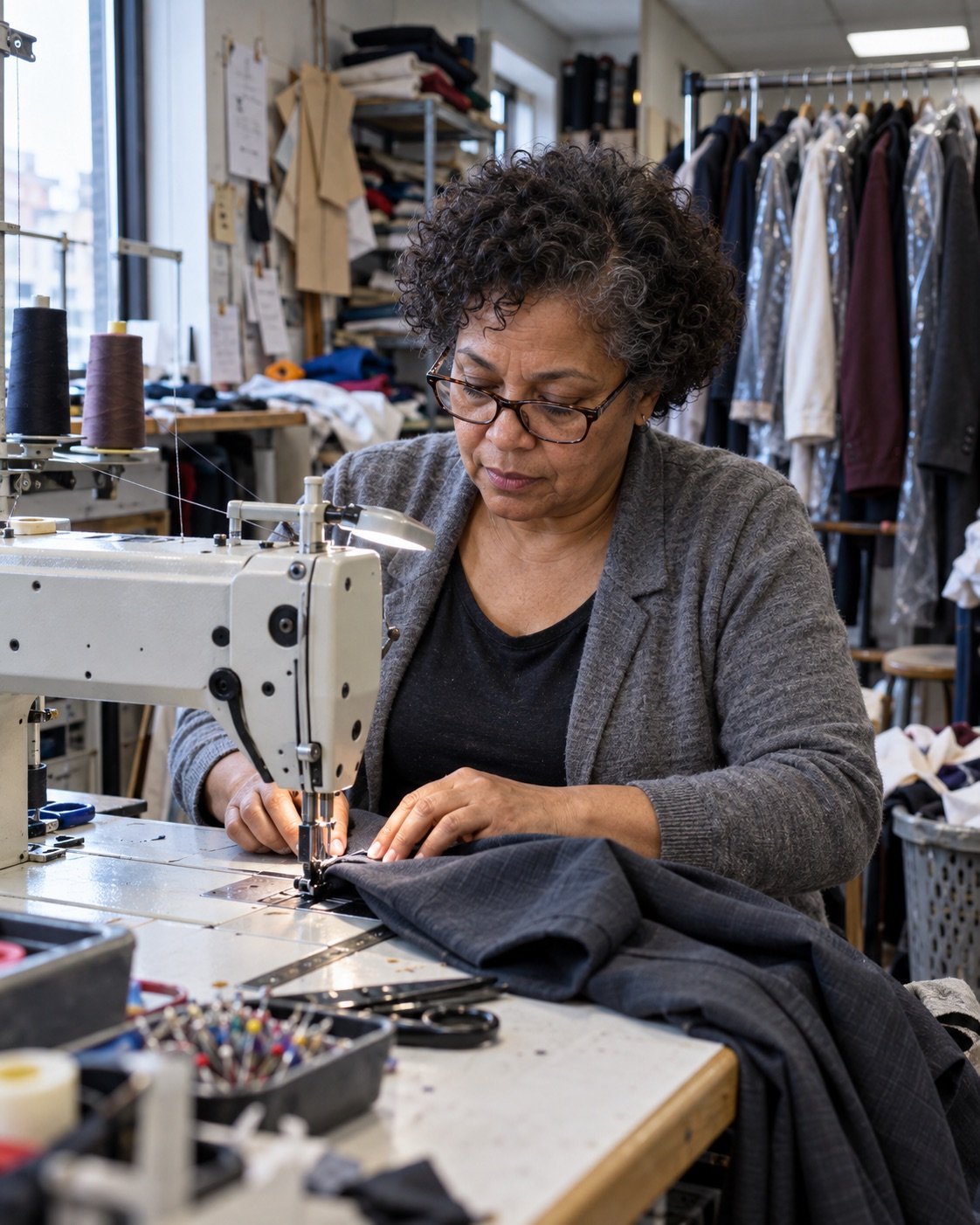 Une couturière travaille sur une machine dans un atelier de retouches