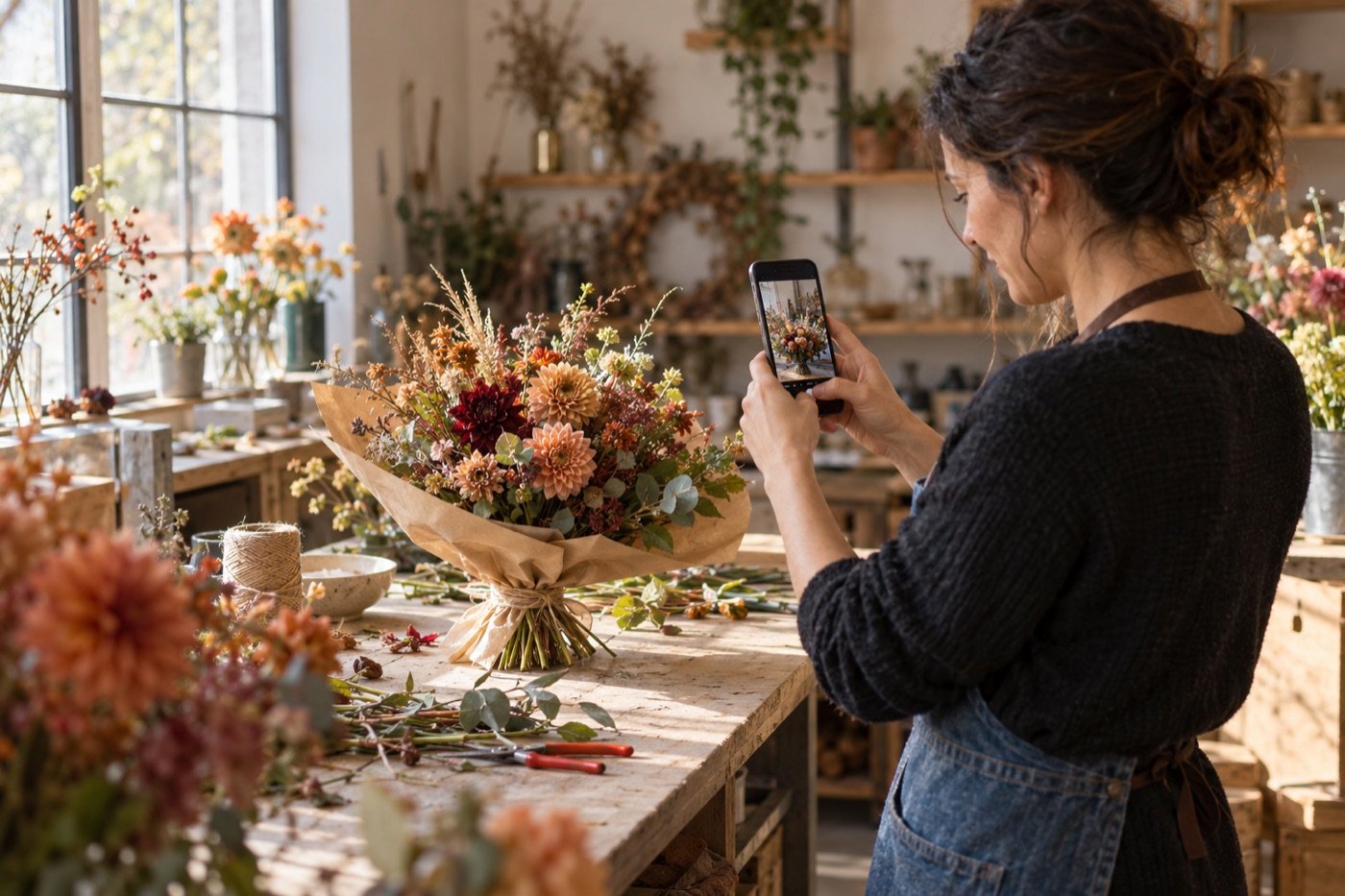 Une fleuriste photographie un bouquet avec son smartphone dans son atelier