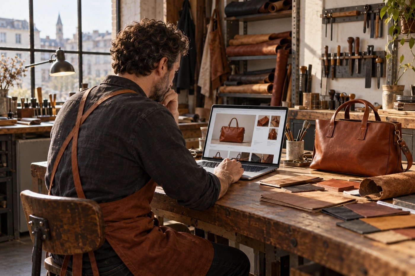 Un artisan maroquinier consulte la présentation de ses sacs sur un ordinateur portable
