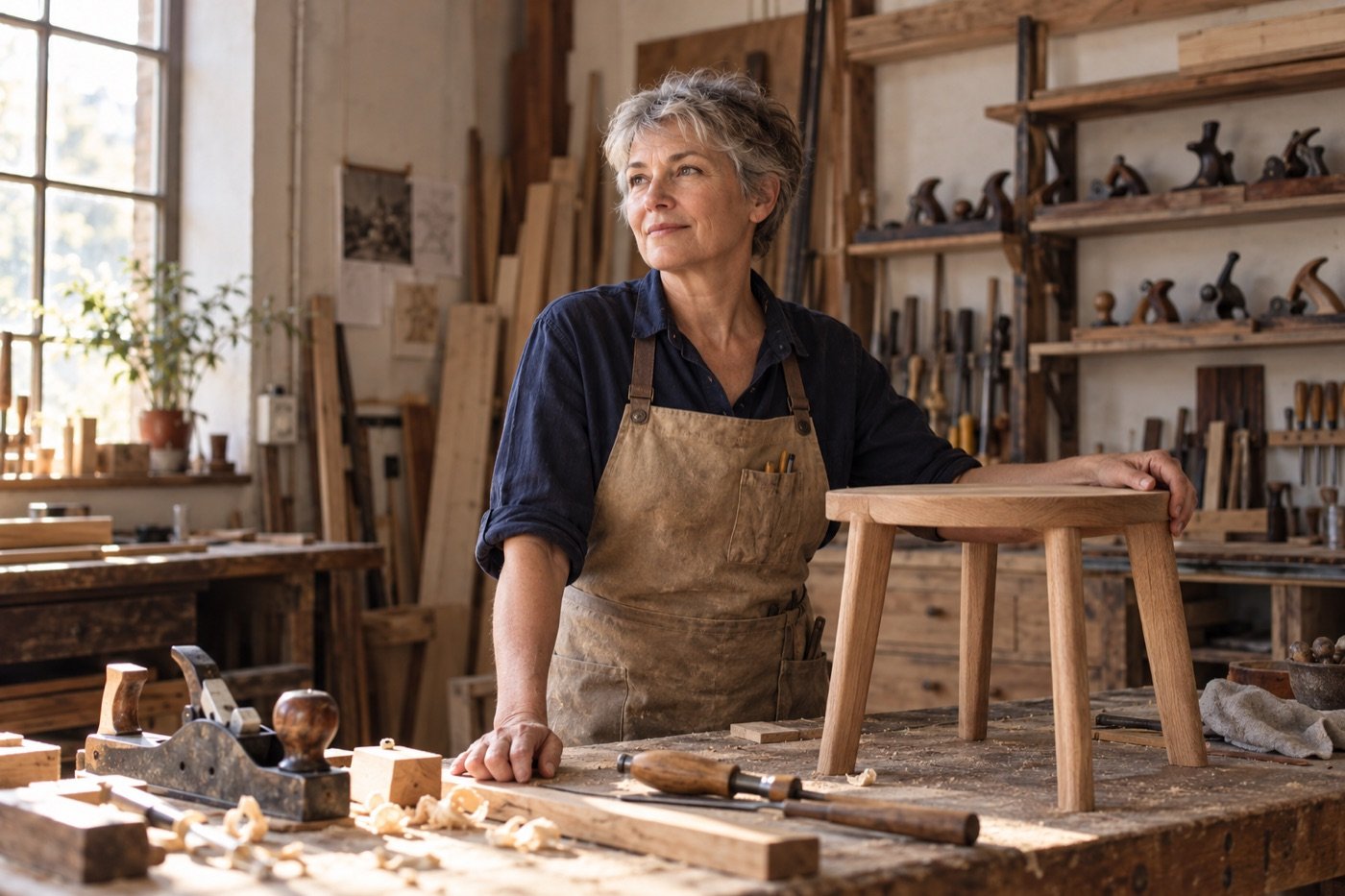 Une artisane du bois dans son atelier, devant un tabouret en cours de fabrication