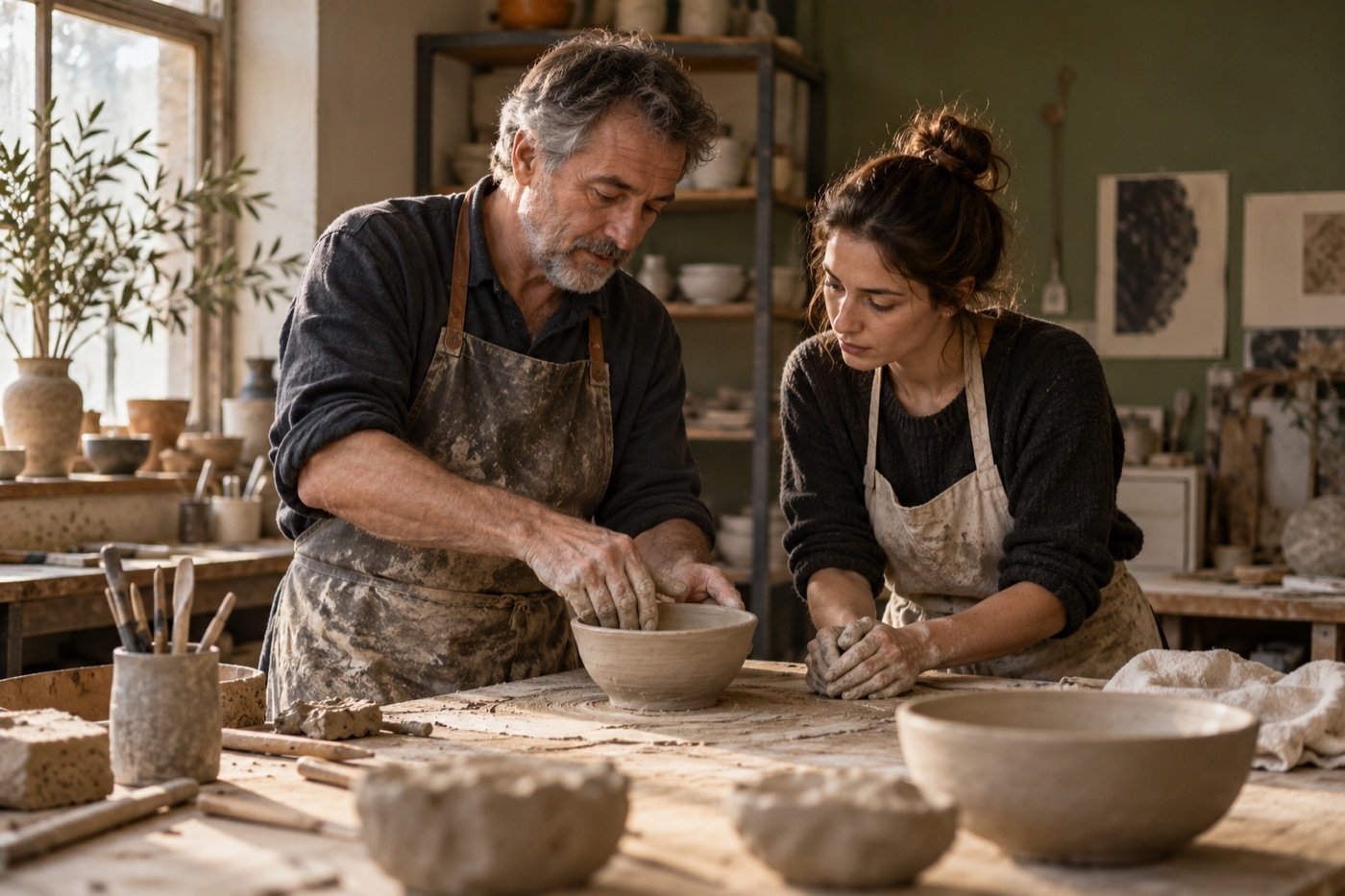 Un céramiste expérimenté transmet un geste à une adulte en apprentissage