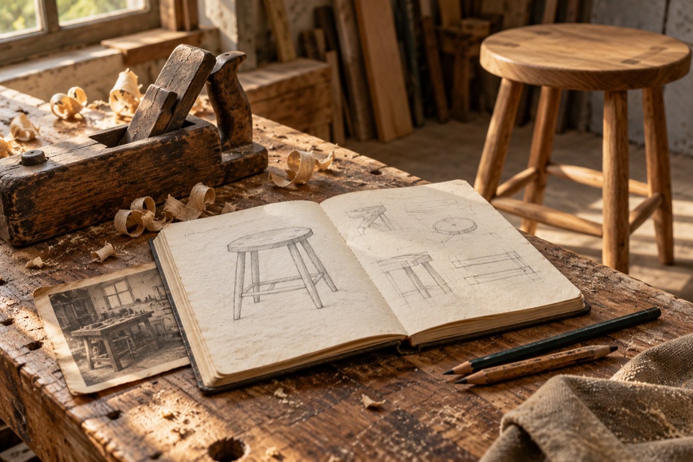 Des outils usés, un carnet de croquis et un tabouret terminé dans un atelier