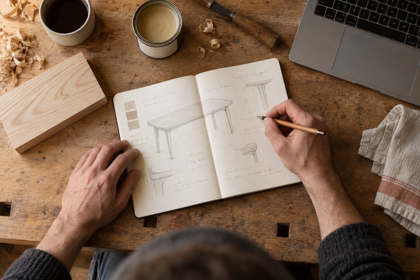 Un carnet de notes avec le dessin d’une table, un échantillon de frêne et un ordinateur