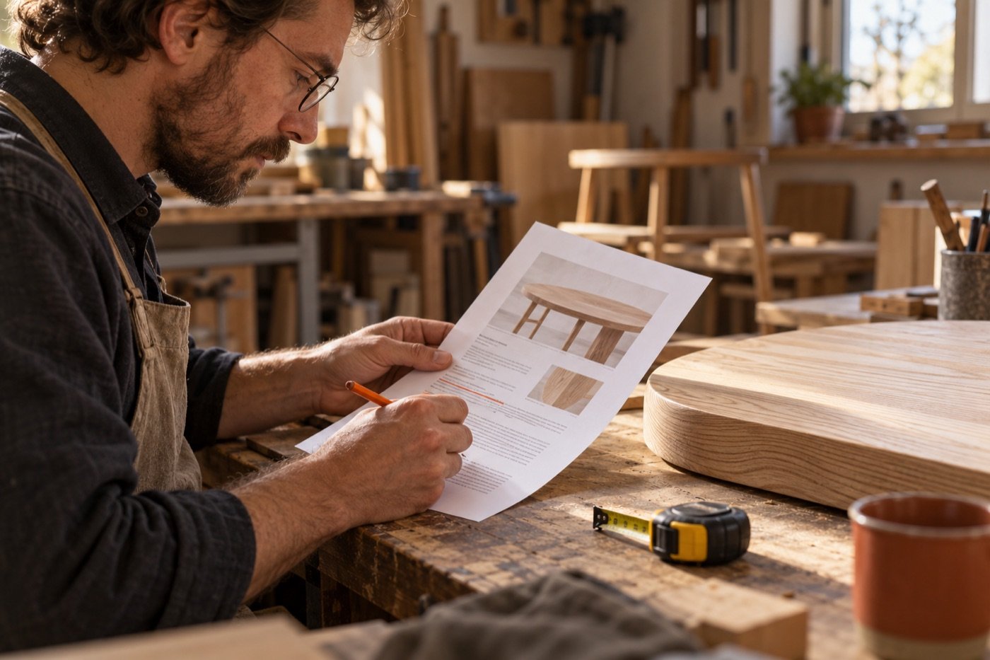 Un artisan relit un texte imprimé à côté d’un échantillon de bois et d’un mètre