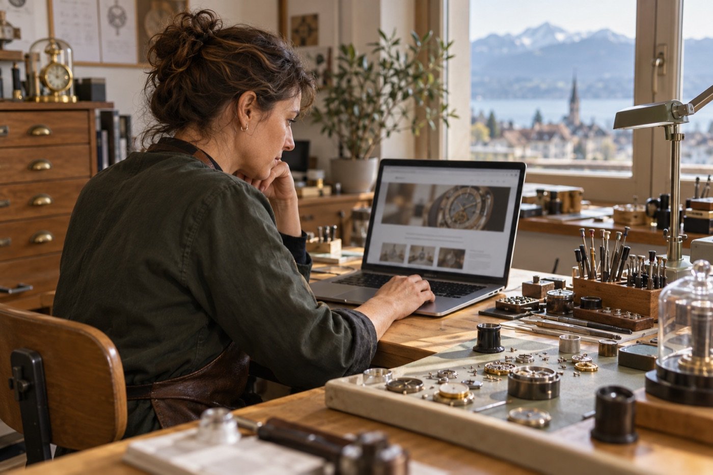 Une horlogère consulte le site de son atelier sur un ordinateur, entourée d’outils de précision